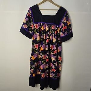 Bechamel Size M Navy, Square Neck Colorful Floral Midi Dress- 100% Cotton